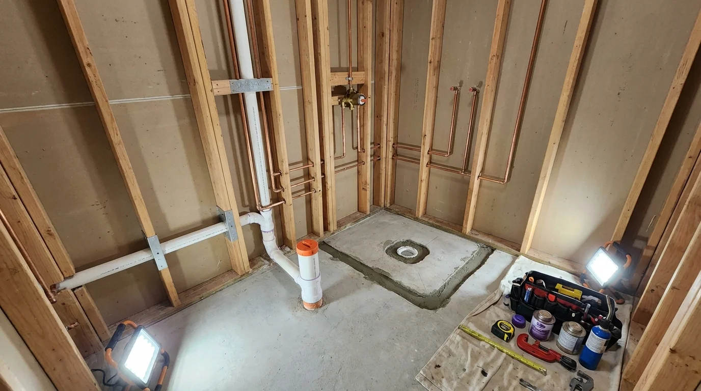 Bathroom rough-in plumbing during remodel by Johns Plumbing LLC in Greenport