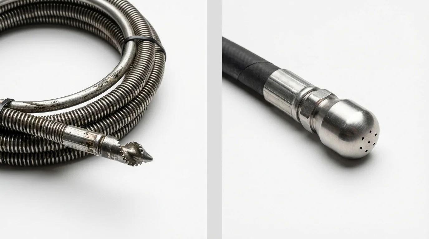 Drain snake cable and hydro jetting nozzle used for drain cleaning in Greenport, NY