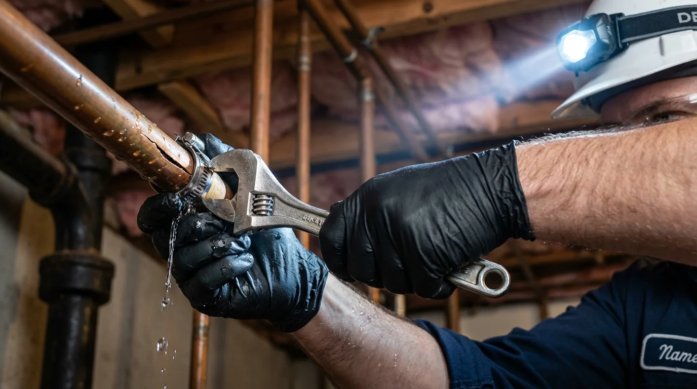 Emergency pipe clamp repair being performed by a Johns Plumbing LLC plumber in Greenport