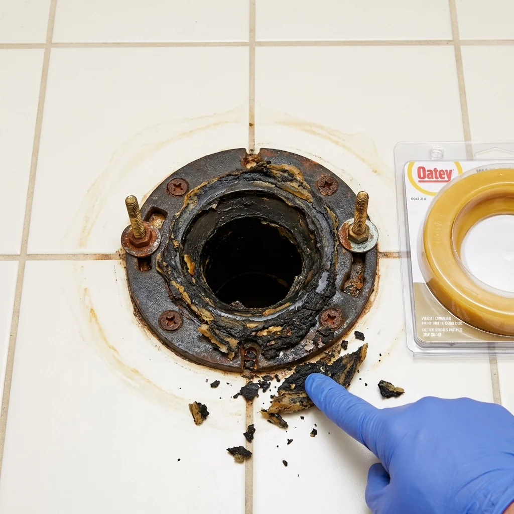 Failed wax ring showing water seepage at the base of a toilet in a Greenport, NY home