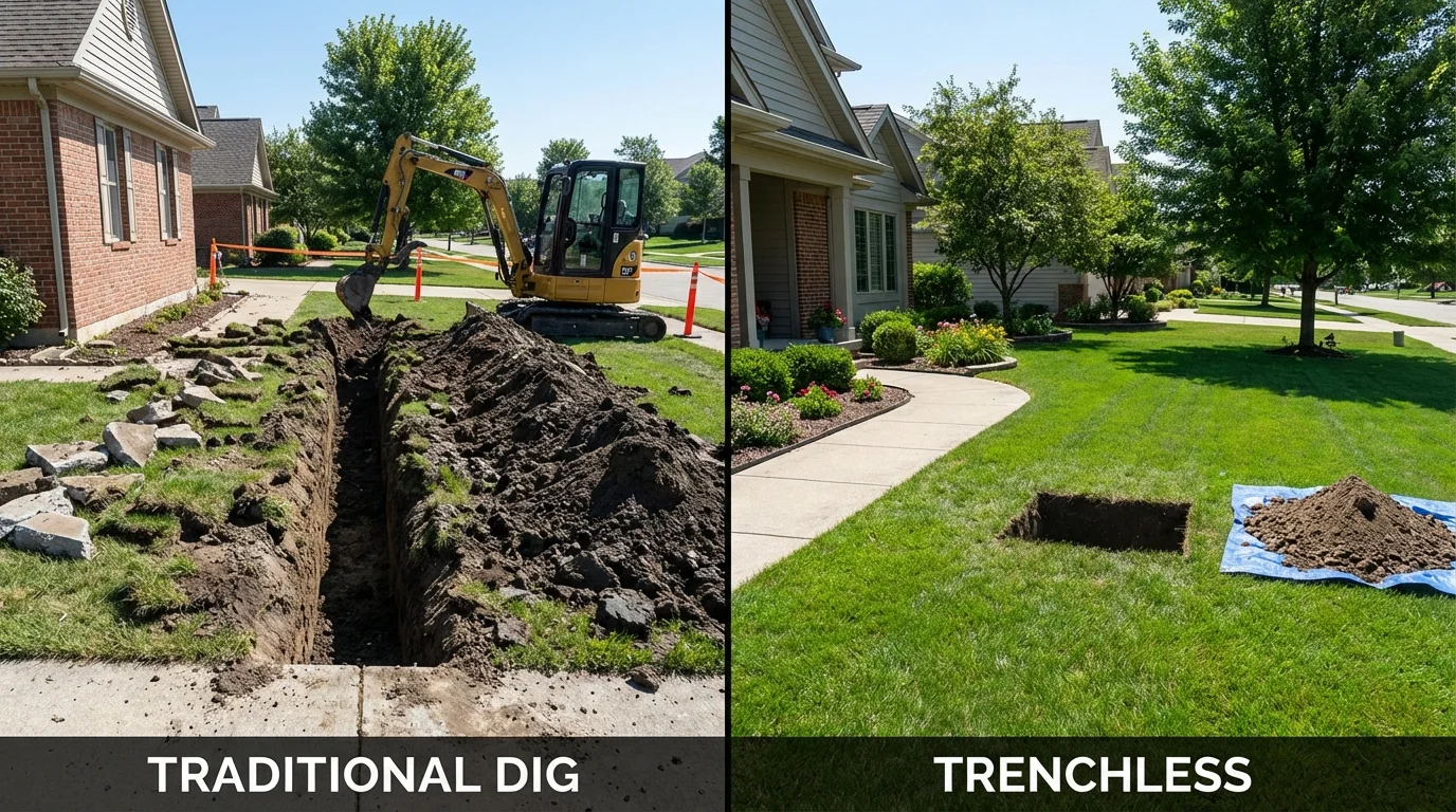 Trenchless sewer repair with minimal yard damage versus traditional excavation in Greenport, NY