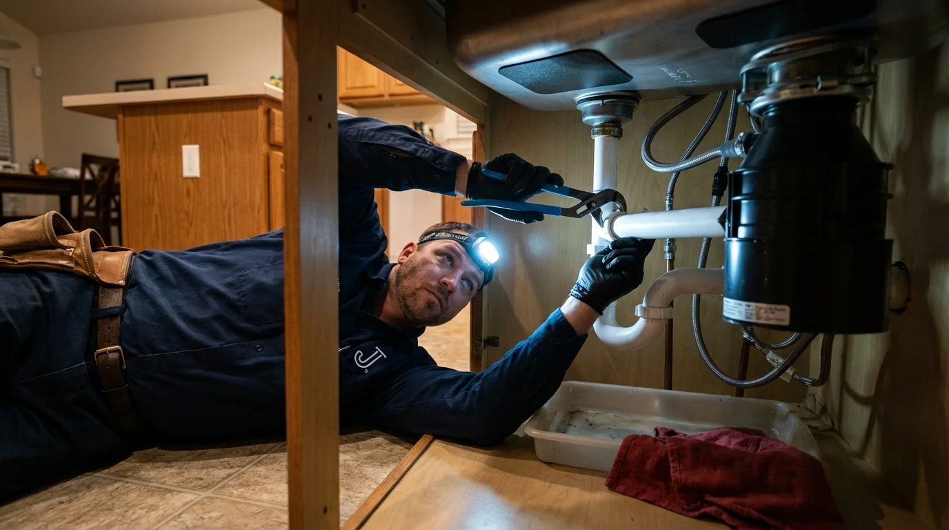 P-trap and supply line connections under a kitchen sink showing a common leak point in Greenport, NY